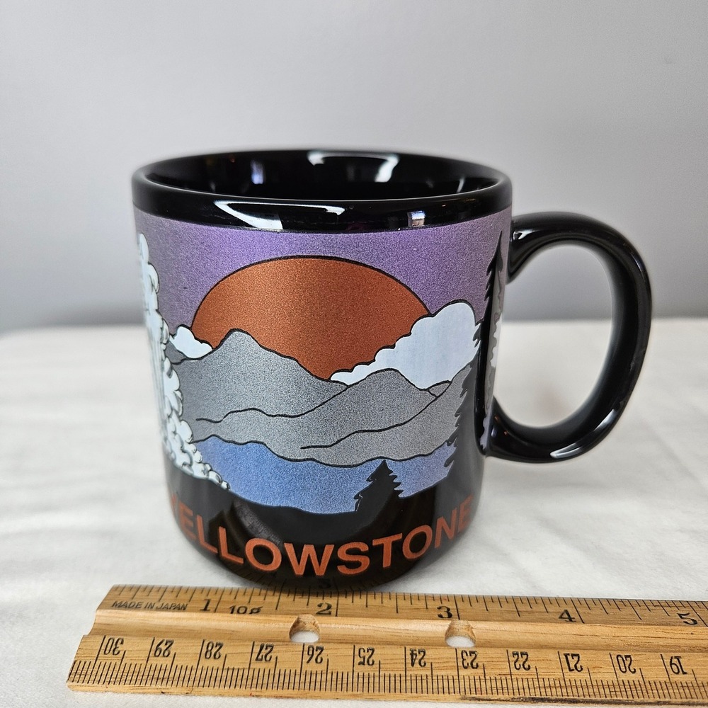 Vtg Yellowstone‎ National Park Mug KWC Black Ceramic Old Faithful Geyser Korea